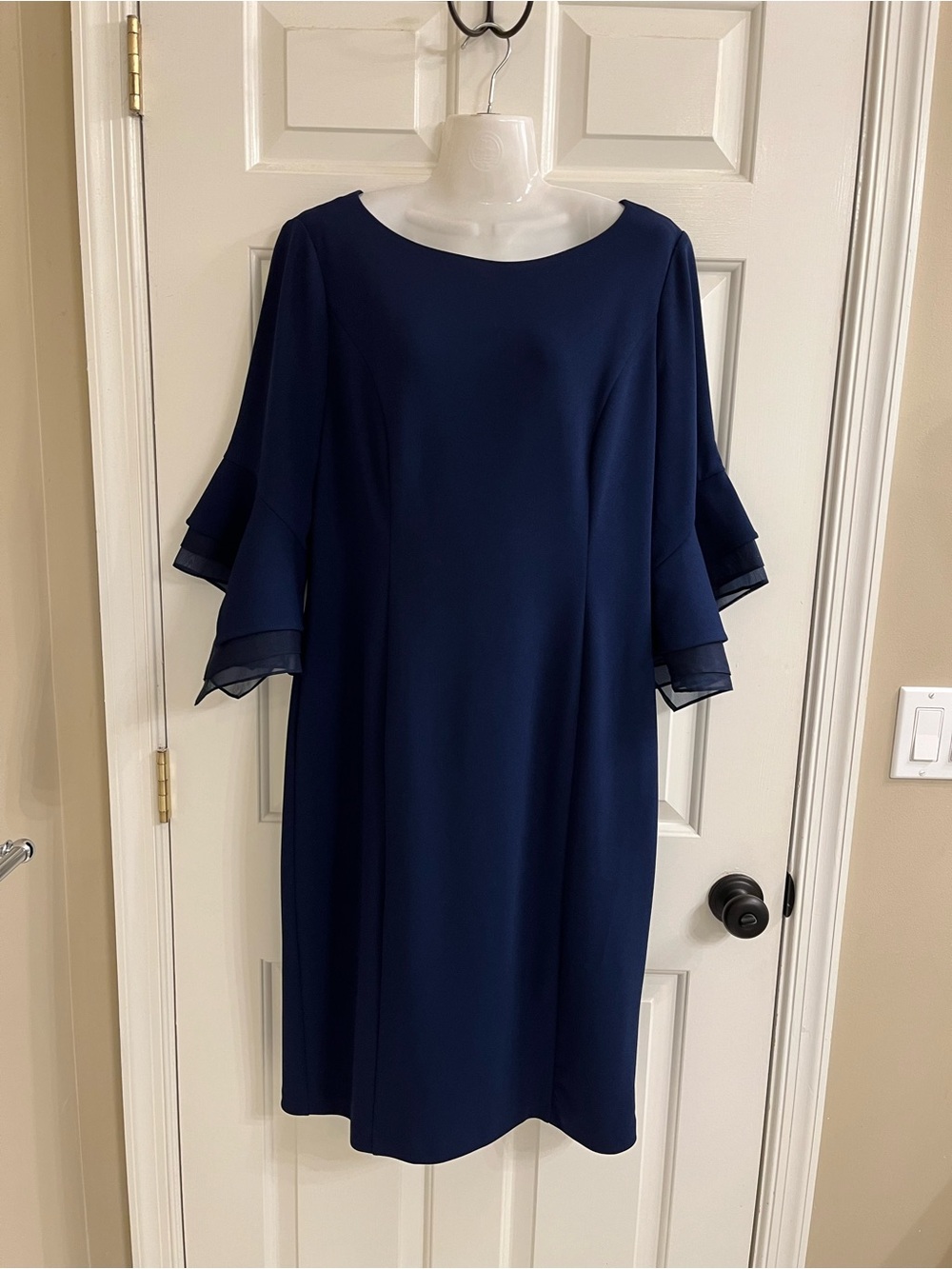 Adrianna Papell Navy Knit Crepe Sheath Dress with layered bell sleeves size 16